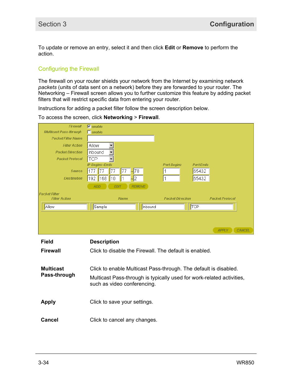 Configuring the firewall | Motorola WR850GP User Manual | Page 71 / 95