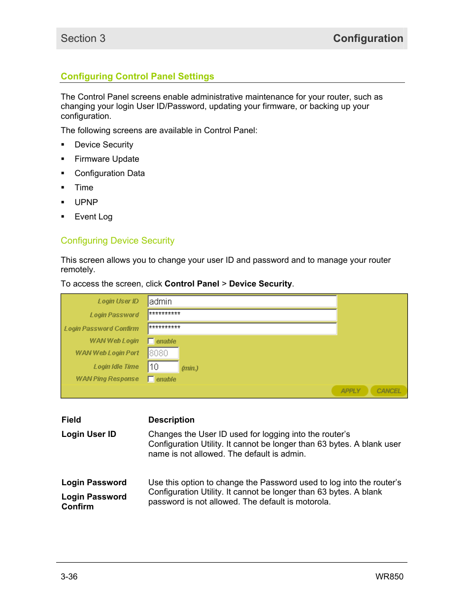 Configuring control panel settings, Configuring device security | Motorola WR850GP User Manual | Page 73 / 95