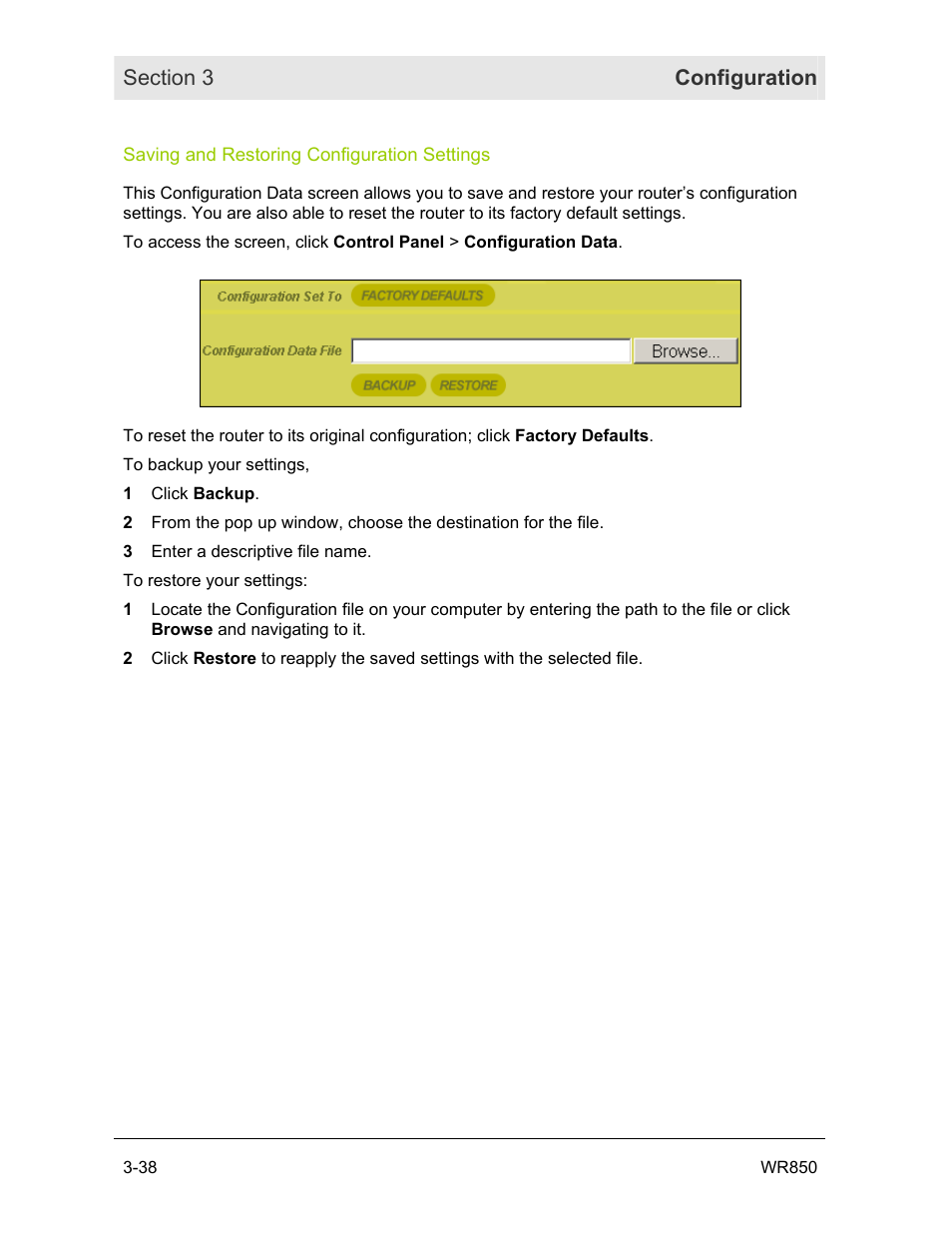 Saving and restoring configuration settings | Motorola WR850GP User Manual | Page 75 / 95