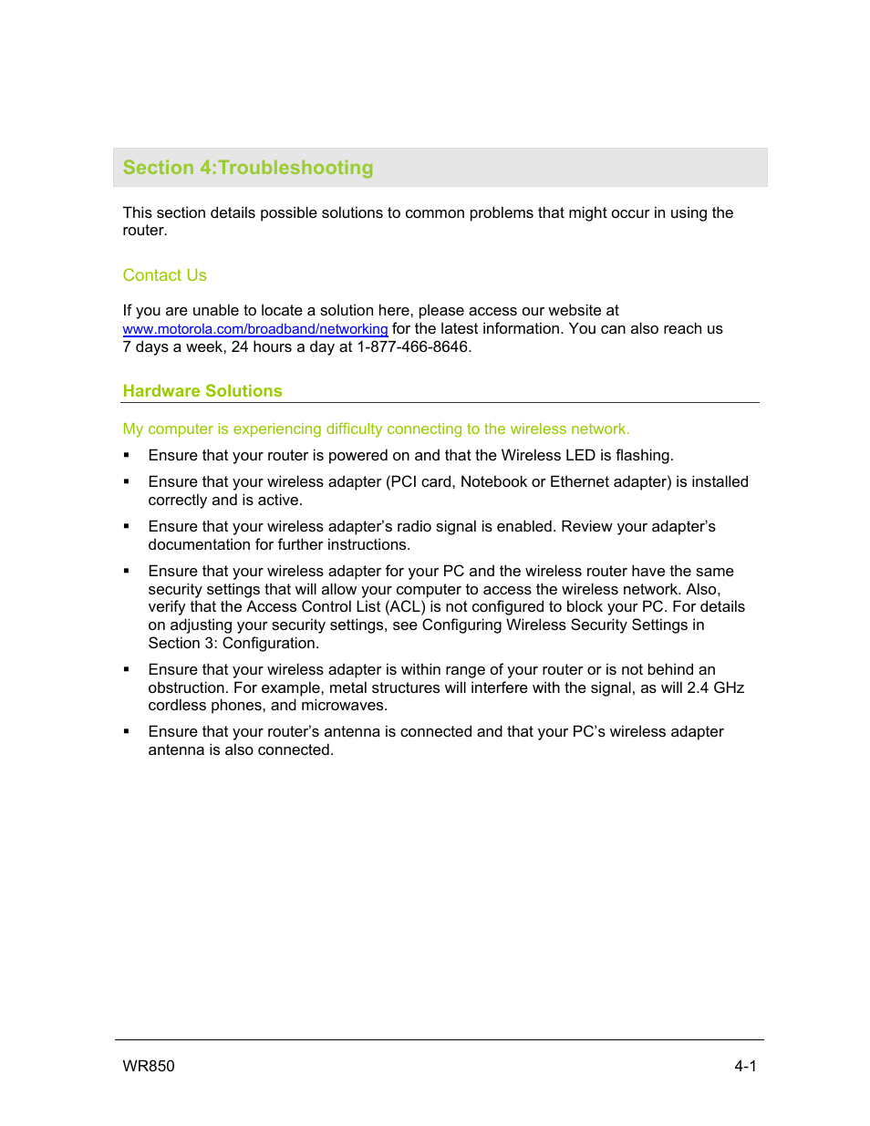 Section 4:troubleshooting, Contact us, Hardware solutions | Motorola WR850GP User Manual | Page 78 / 95