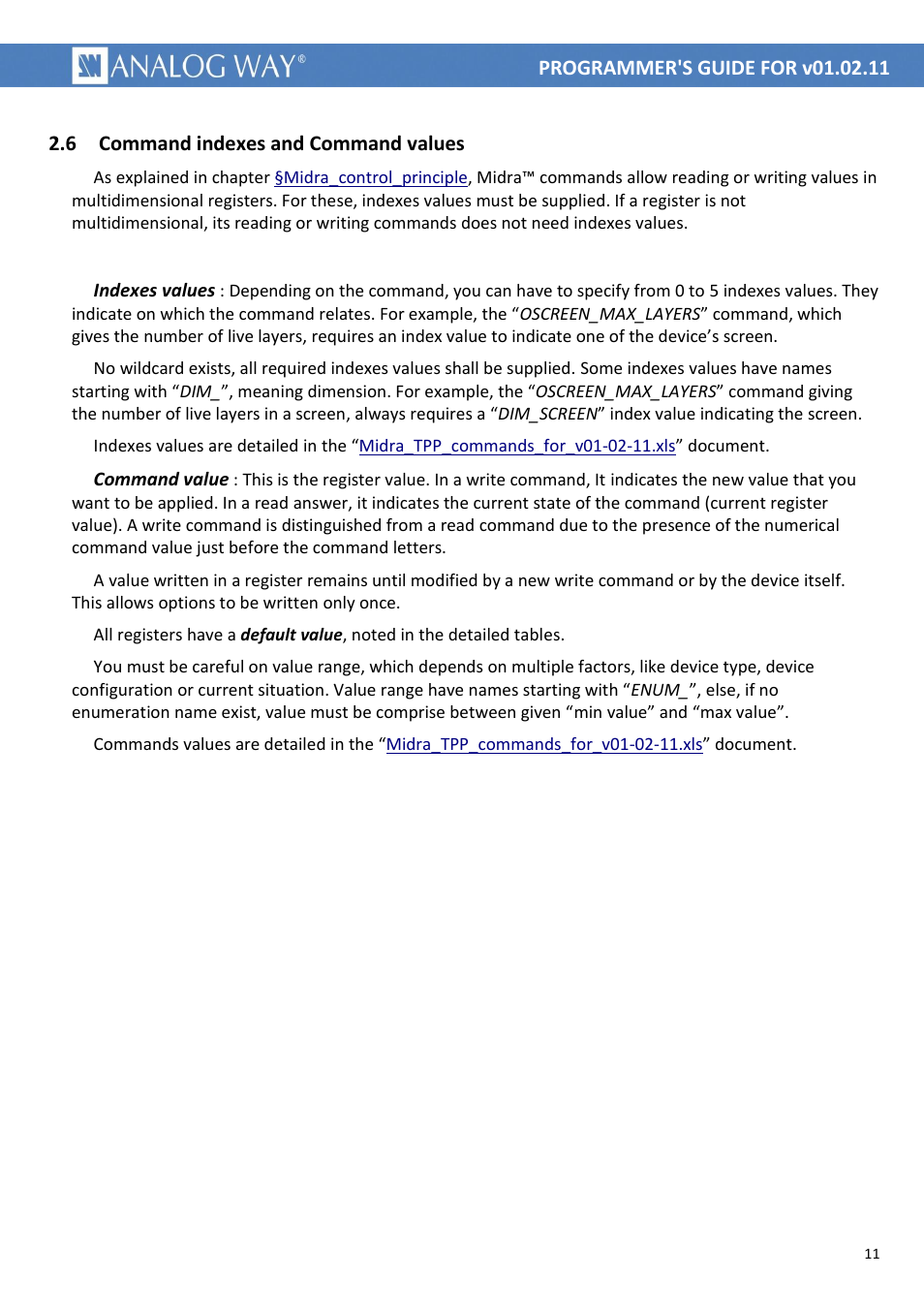 Command indexes and command values | Analog Way MIDRA PLATFORM TPP Current Programmer's Guide User Manual | Page 11 / 28
