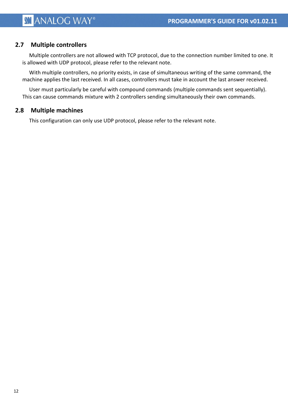 Multiple controllers, Multiple machines, 7 multiple controllers | 8 multiple machines | Analog Way MIDRA PLATFORM TPP Current Programmer's Guide User Manual | Page 12 / 28