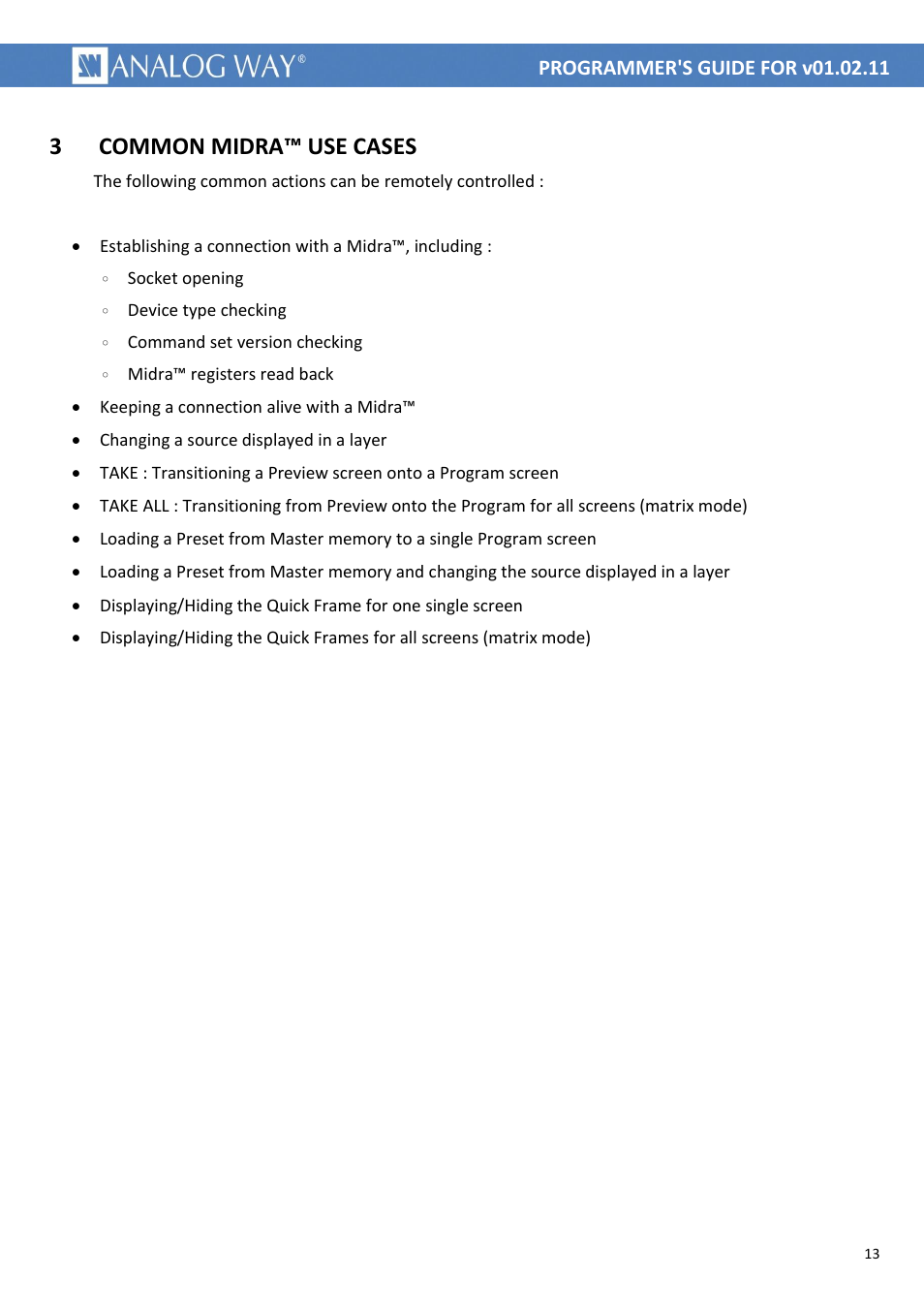 Common midra™ use cases, 3 common midra™ use cases | Analog Way MIDRA PLATFORM TPP Current Programmer's Guide User Manual | Page 13 / 28