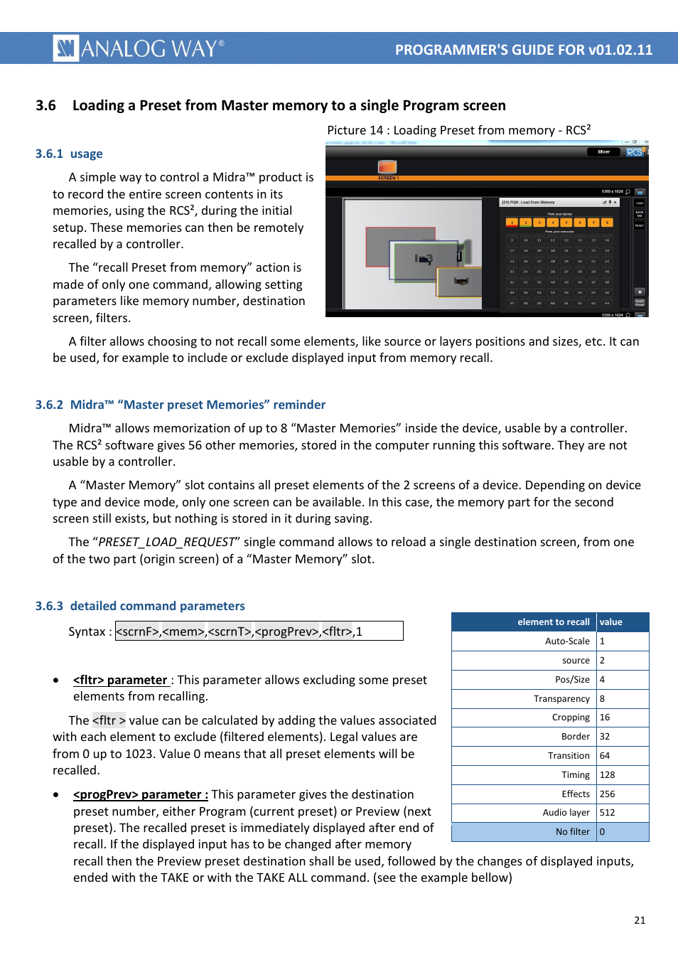 1 usage, 2 midra™ “master preset memories” reminder, 3 detailed command parameters | Picture 14 : loading preset from memory - rcs, Gclrq | Analog Way MIDRA PLATFORM TPP Current Programmer's Guide User Manual | Page 21 / 28