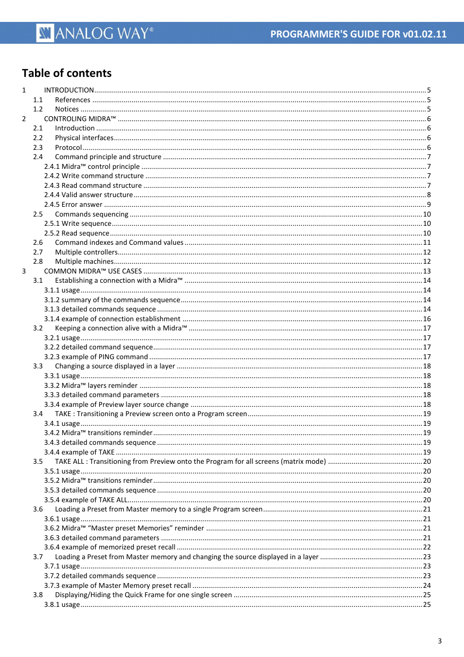 Analog Way MIDRA PLATFORM TPP Current Programmer's Guide User Manual | Page 3 / 28