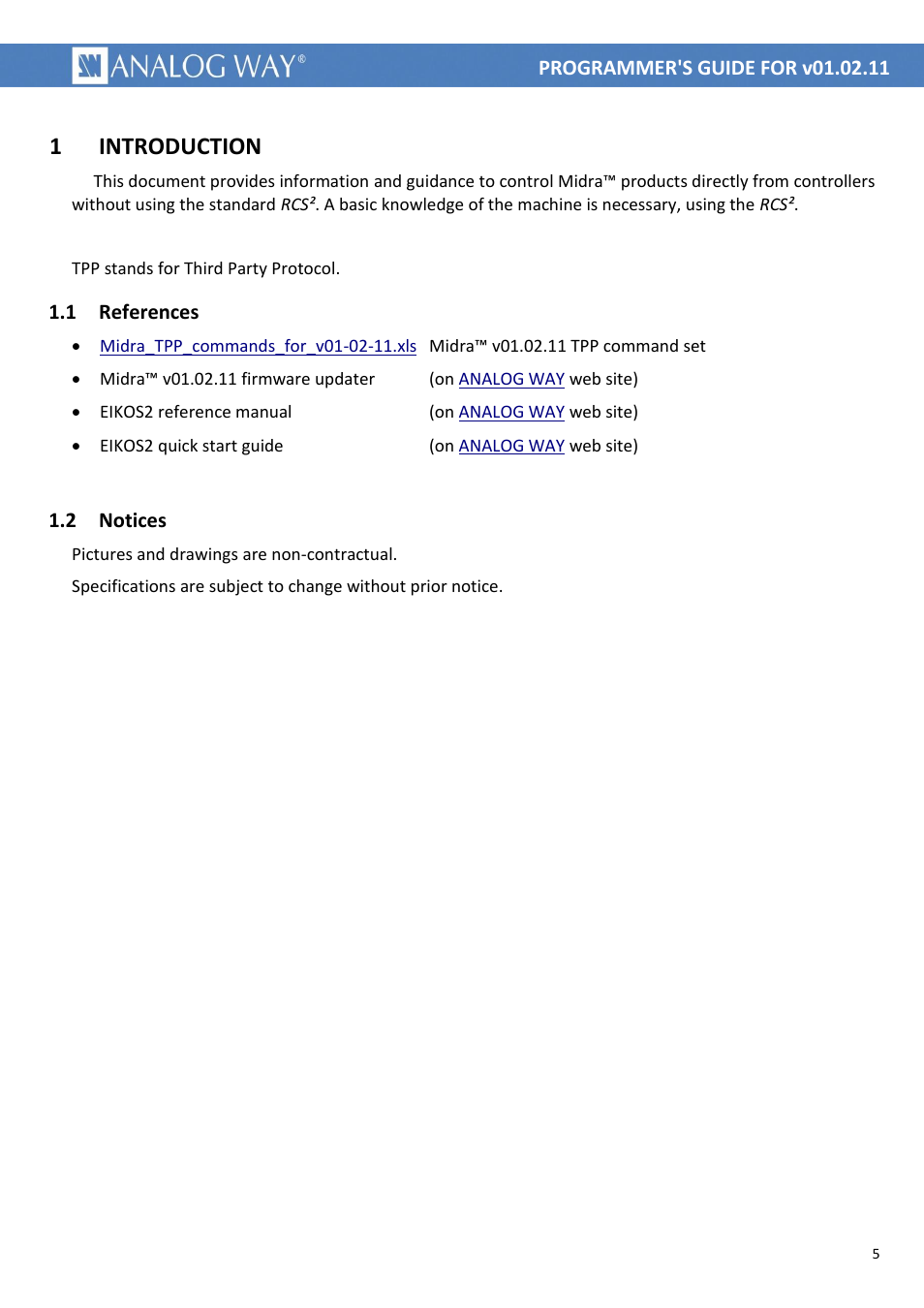 Introduction, References, Notices | 1 introduction | Analog Way MIDRA PLATFORM TPP Current Programmer's Guide User Manual | Page 5 / 28