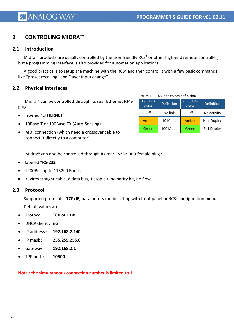 Controling midra, Introduction, Physical interfaces | Protocol, Picture 1 : rj45 leds colors definition, 2 controling midra, 1 introduction, 2 physical interfaces, 3 protocol | Analog Way MIDRA PLATFORM TPP Current Programmer's Guide User Manual | Page 6 / 28
