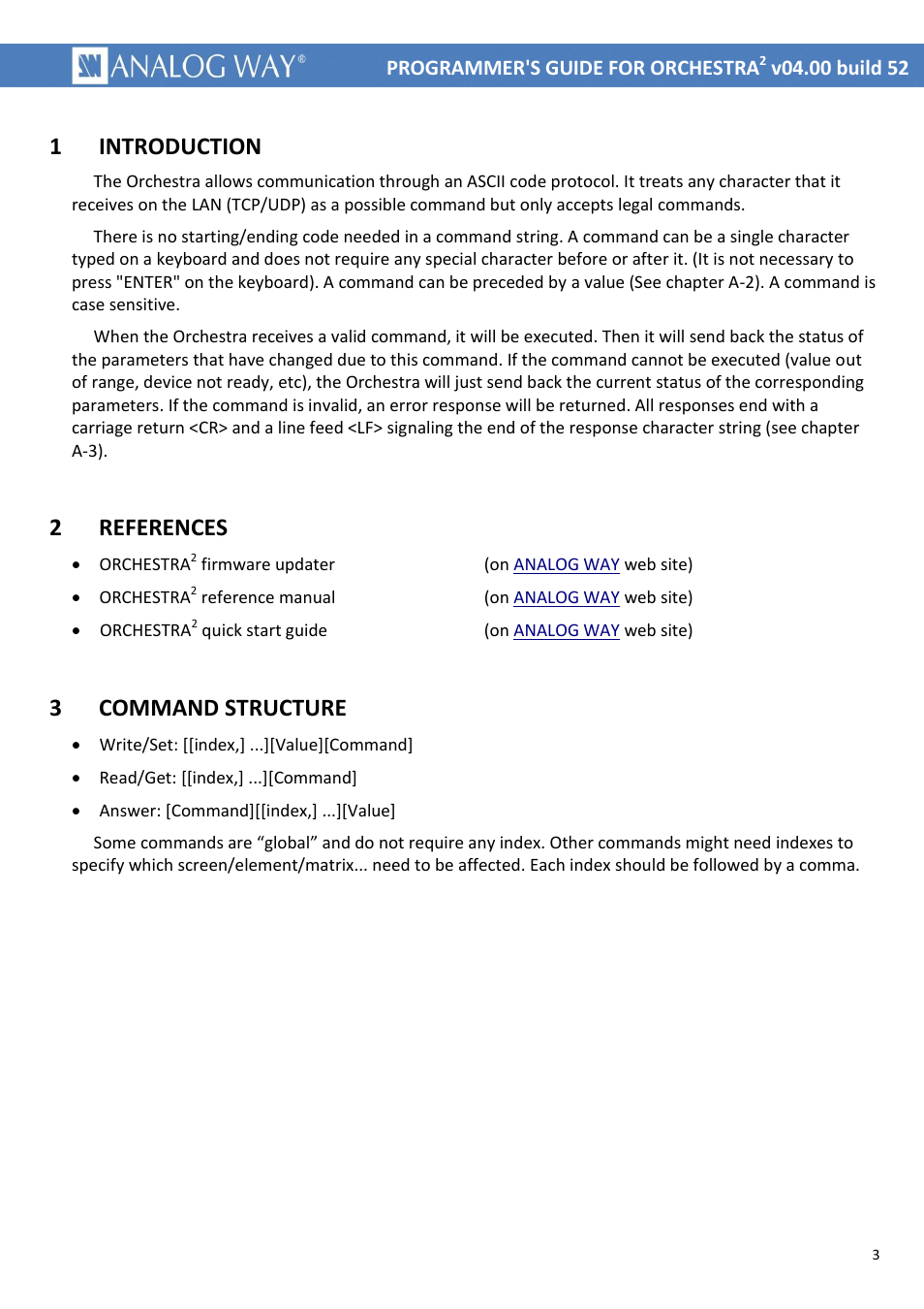 Introduction, References, Command structure | 1 introduction, 2 references, 3 command structure | Analog Way ORCHESTRA2 Programmer's Guide User Manual | Page 3 / 7