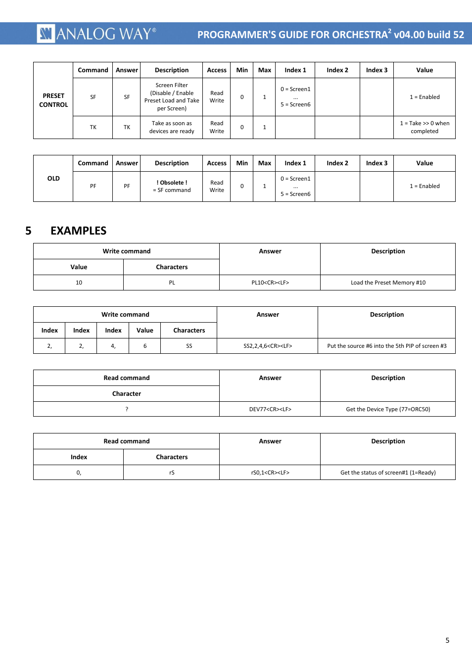 Examples, 5 examples, Programmer's guide for orchestra | Analog Way ORCHESTRA2 Programmer's Guide User Manual | Page 5 / 7