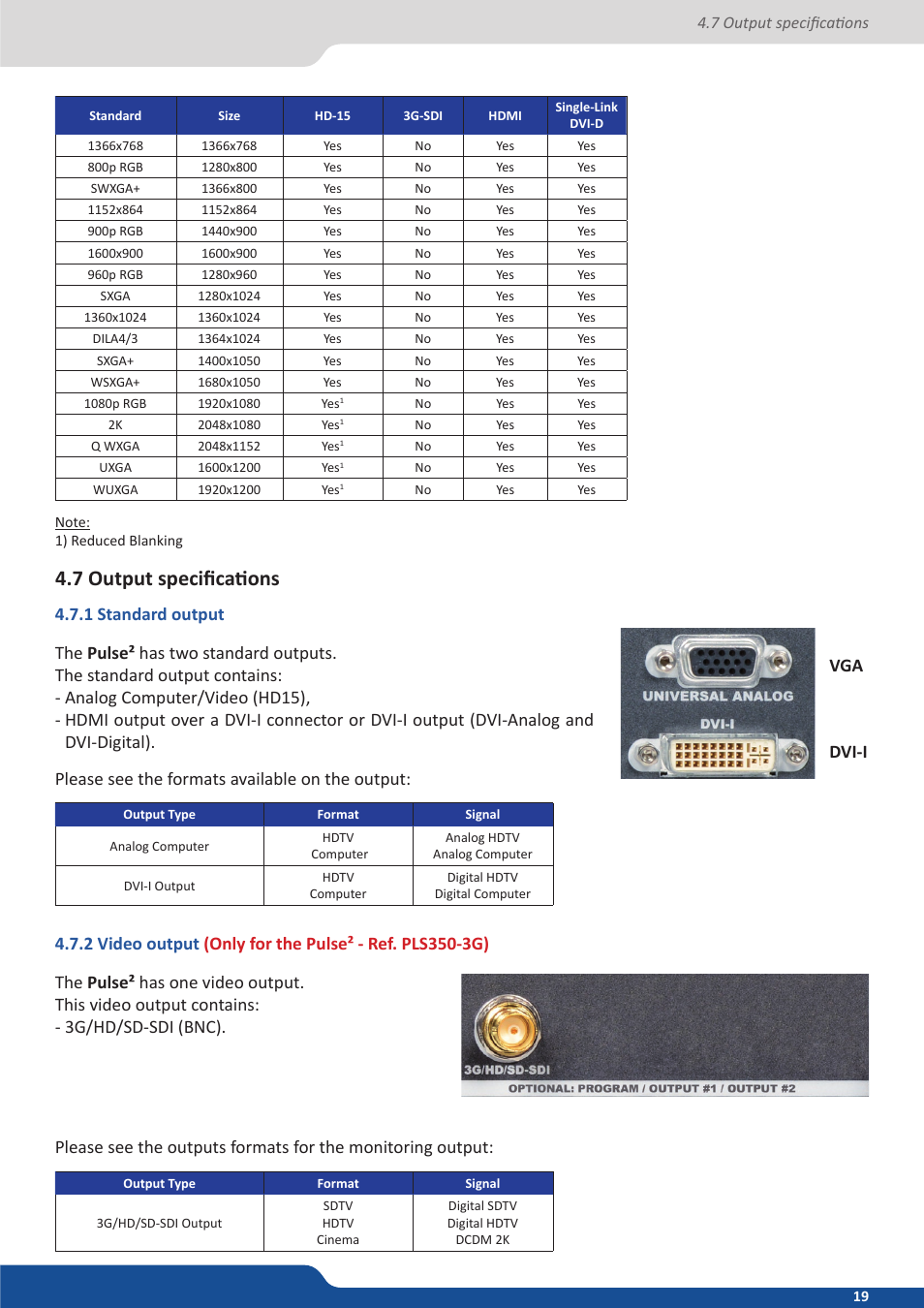 7 output specifications, 1 standard output, 2 video output | Analog Way PULSE2 (MIDRA) - Ref. PLS350 User Manual User Manual | Page 19 / 100
