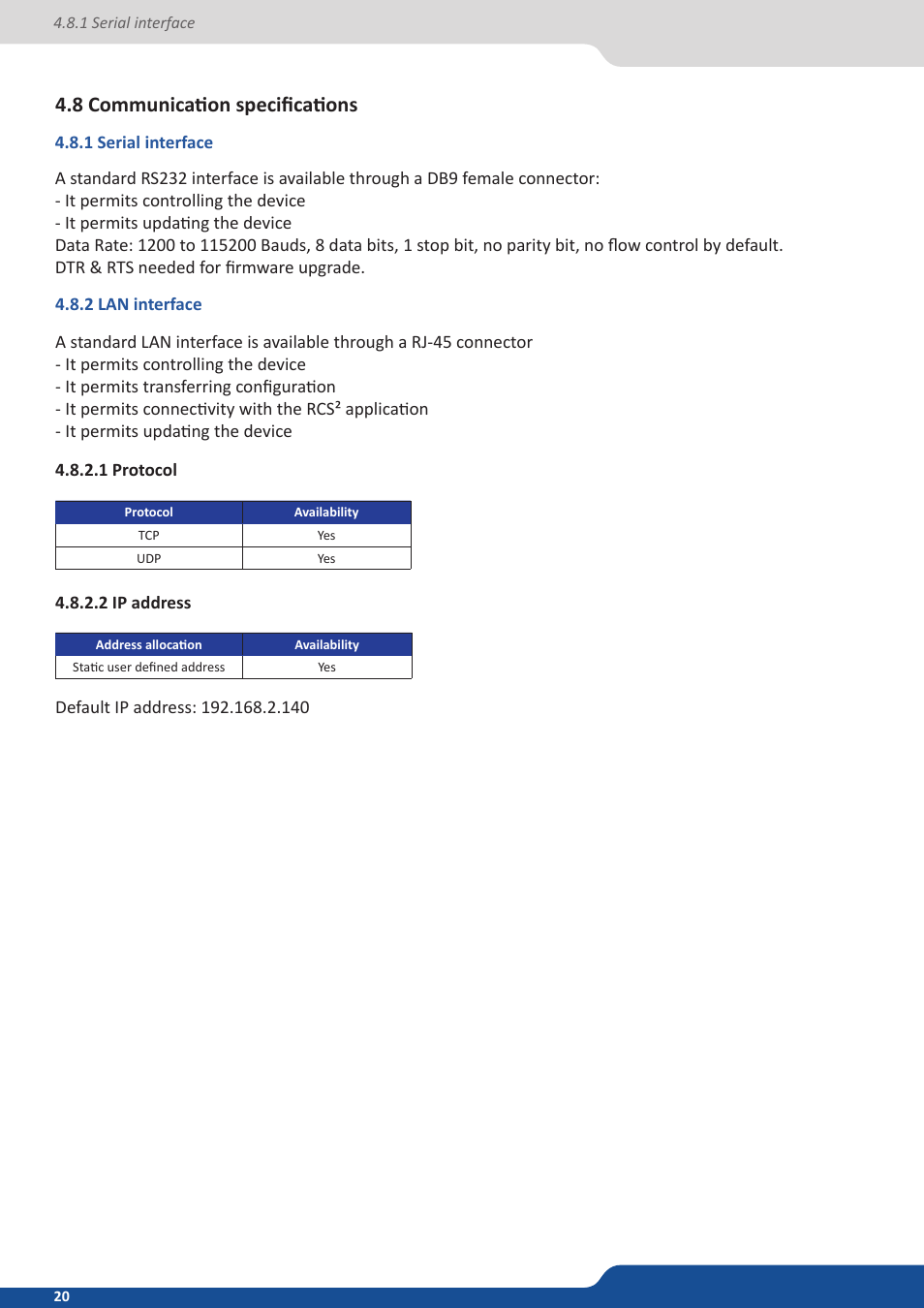 8 communication specifications, 1 serial interface, 2 lan interface | 1 protocol, 2 ip address | Analog Way PULSE2 (MIDRA) - Ref. PLS350 User Manual User Manual | Page 20 / 100