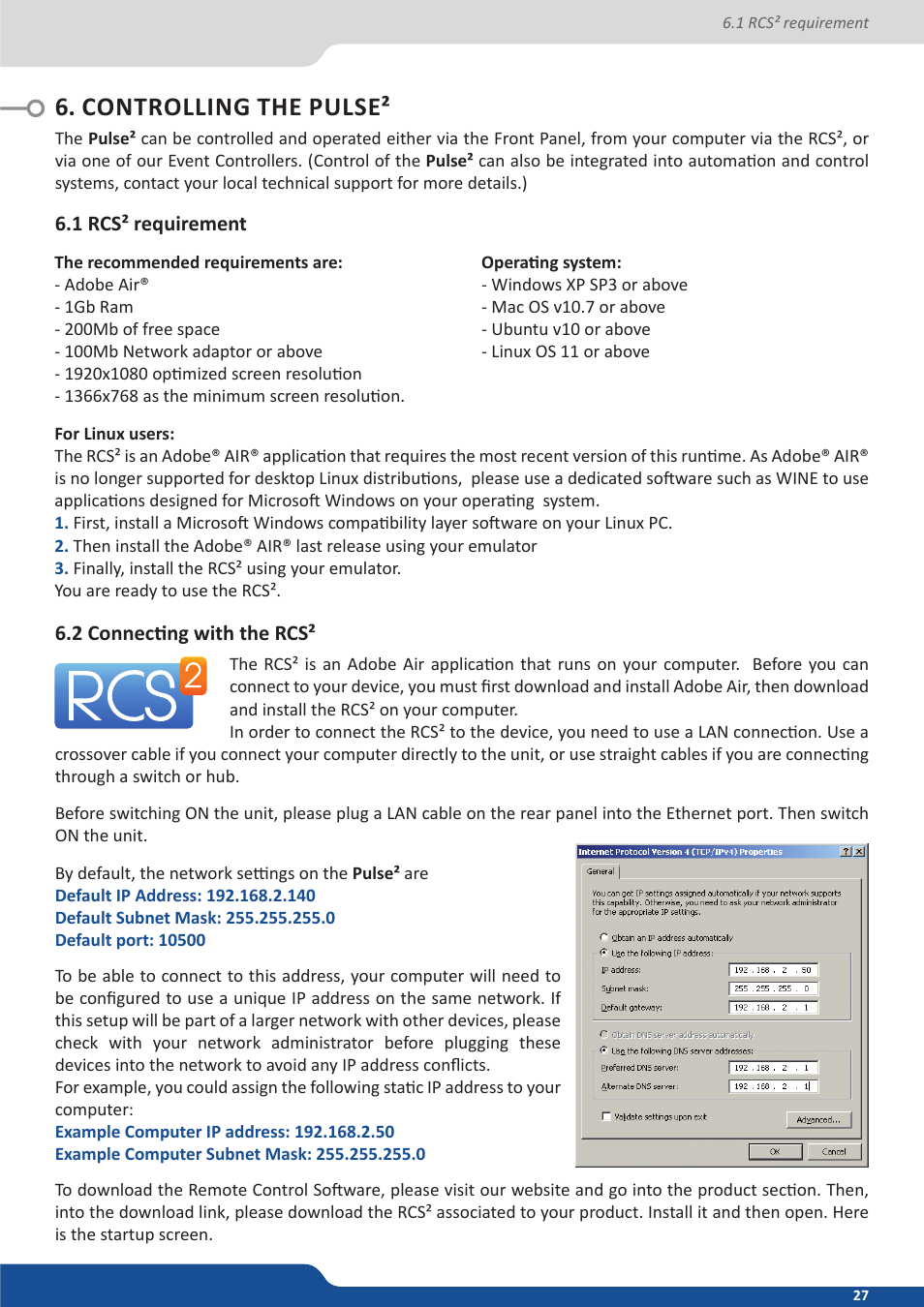 Controlling the pulse, 1 rcs² requirement, 2 connecting with the rcs | Analog Way PULSE2 (MIDRA) - Ref. PLS350 User Manual User Manual | Page 27 / 100