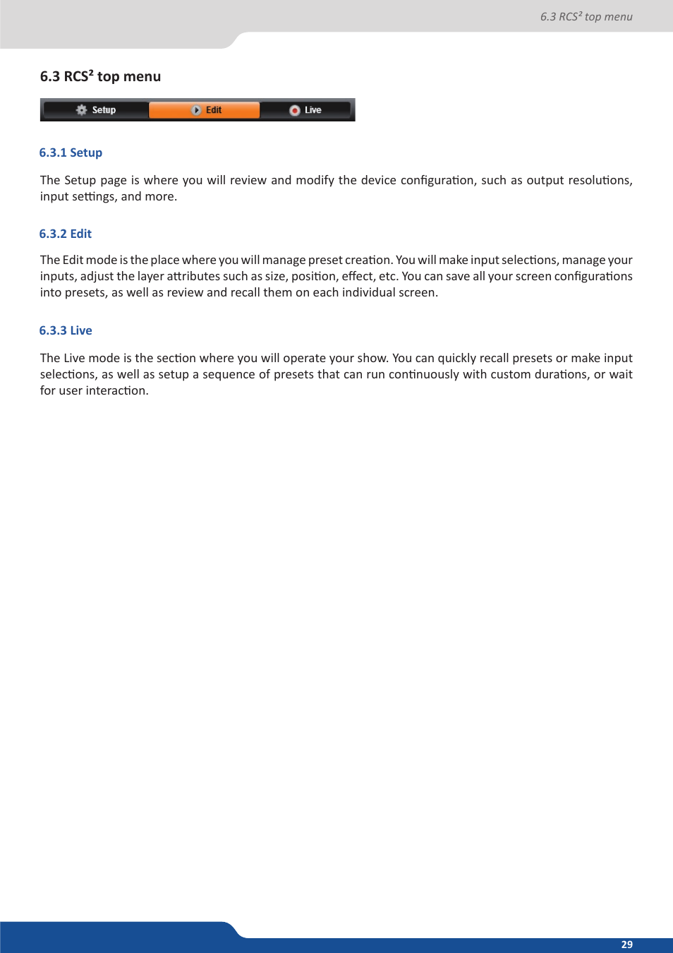 3 rcs² top menu, 1 setup, 2 edit | 3 live | Analog Way PULSE2 (MIDRA) - Ref. PLS350 User Manual User Manual | Page 29 / 100