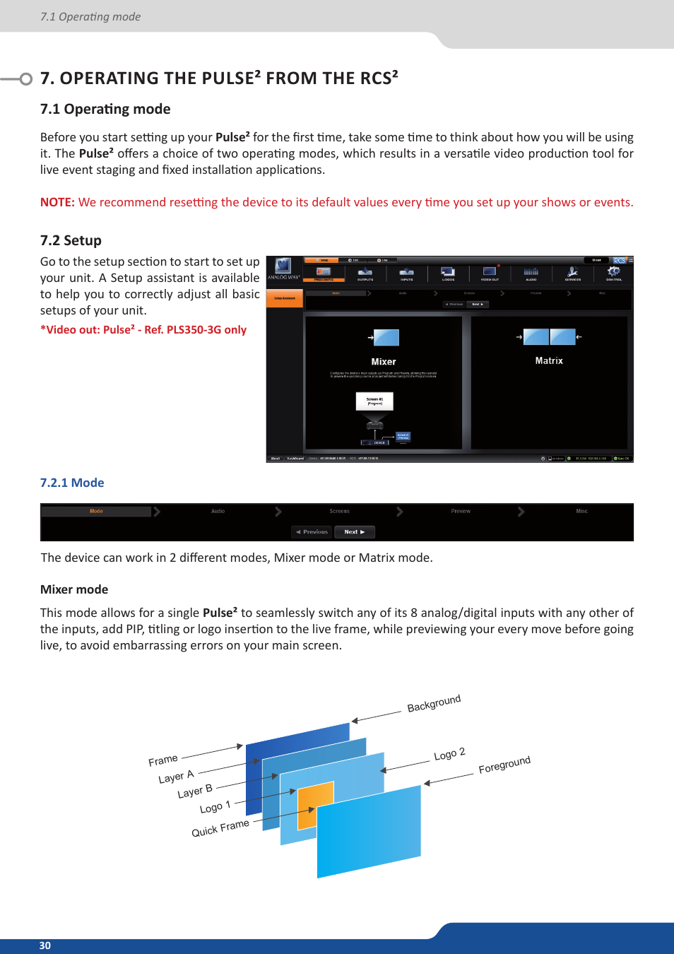 Operating the pulse² from the rcs, 1 operating mode, 2 setup | 1 mode | Analog Way PULSE2 (MIDRA) - Ref. PLS350 User Manual User Manual | Page 30 / 100