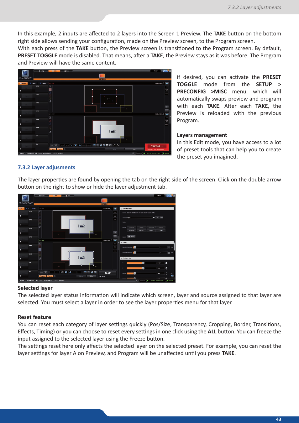 2 layer adjusments, 2 layer adjustments | Analog Way PULSE2 (MIDRA) - Ref. PLS350 User Manual User Manual | Page 43 / 100