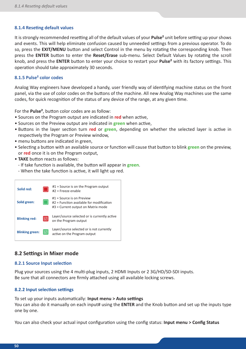 4 reseting default values, 5 pulse² color codes, 2 settings in mixer mode | 1 source input selection, 2 input selection settings | Analog Way PULSE2 (MIDRA) - Ref. PLS350 User Manual User Manual | Page 50 / 100