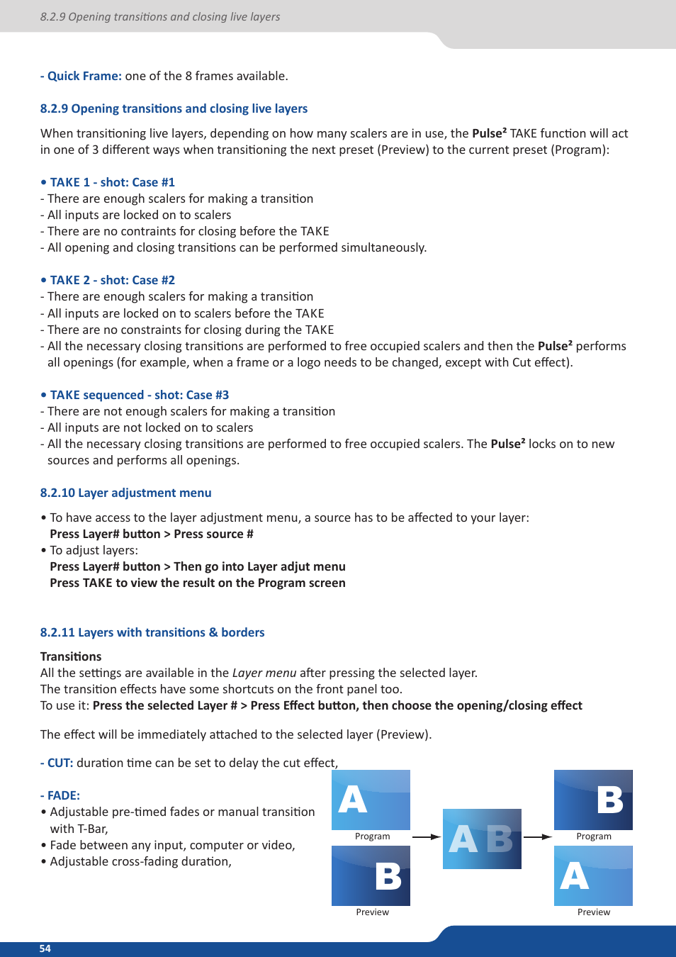 9 opening transitions and closing live layers, 10 layer adjustment menu, 11 layers with transitions & borders | Analog Way PULSE2 (MIDRA) - Ref. PLS350 User Manual User Manual | Page 54 / 100