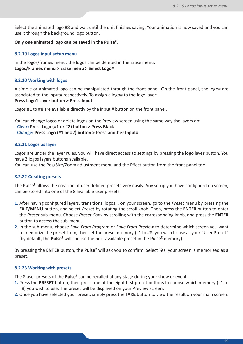 19 logos input setup menu, 20 working with logos, 21 logos as layer | 22 creating presets, 23 working with presets | Analog Way PULSE2 (MIDRA) - Ref. PLS350 User Manual User Manual | Page 59 / 100