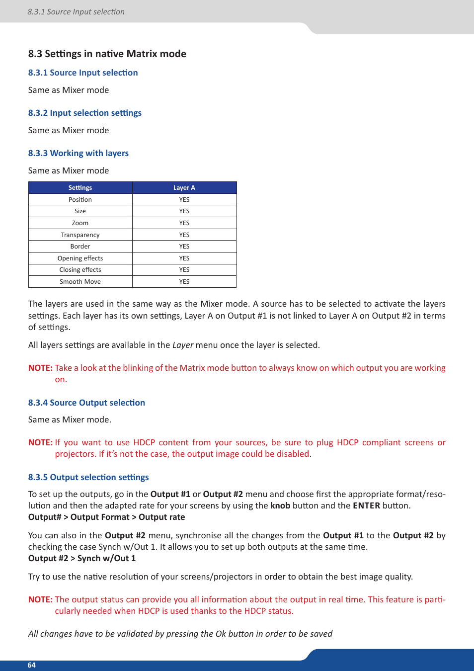 3 settings in native matrix mode, 1 source input selection, 2 input selection settings | 3 working with layers, 4 source output selection, 5 output selection settings | Analog Way PULSE2 (MIDRA) - Ref. PLS350 User Manual User Manual | Page 64 / 100