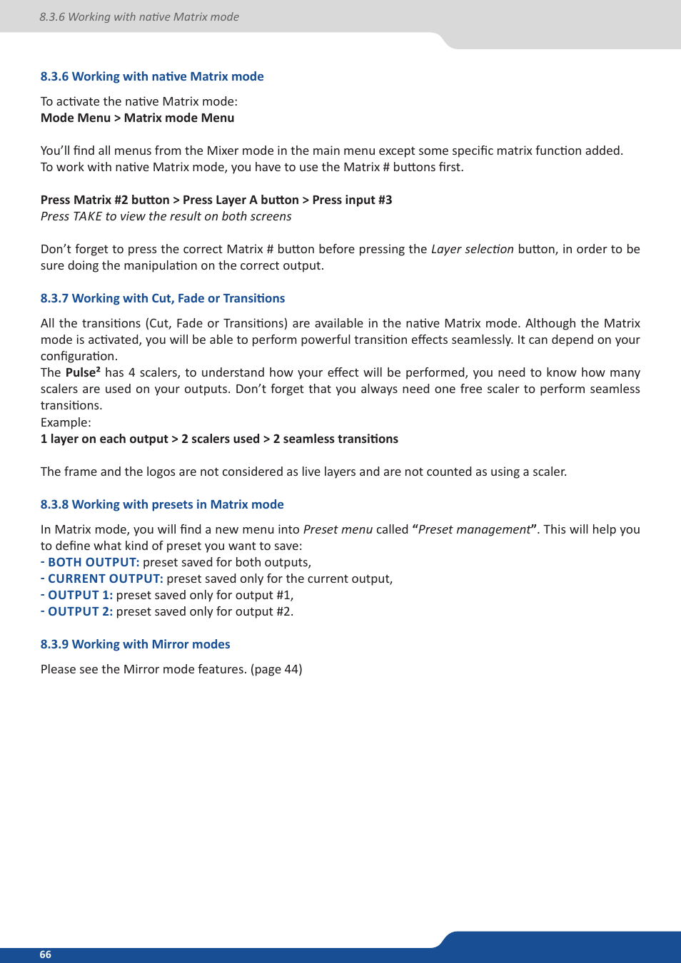 6 working with native matrix mode, 7 working with cut, fade or transitions, 8 working with presets in matrix mode | 9 working with mirror modes | Analog Way PULSE2 (MIDRA) - Ref. PLS350 User Manual User Manual | Page 66 / 100