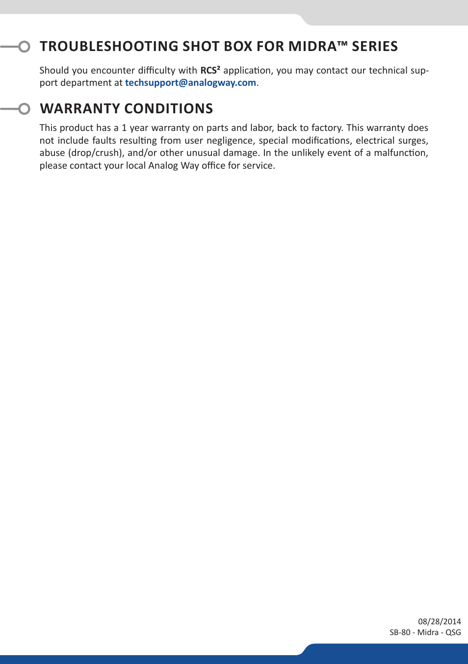 Troubleshooting shot box for midra™ series, Warranty conditions | Analog Way SHOT BOX - MIDRA PLATFORM -Ref. SB-80 User Manual | Page 4 / 4