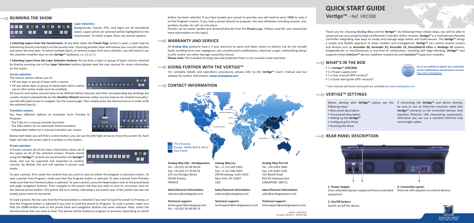 Analog Way VERTIGE - Ref. VRC300 Quick Start Guide User Manual | 3 pages