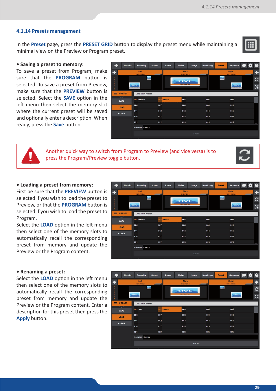 14 presets management | Analog Way VERTIGE - Ref. VRC300 User Manual User Manual | Page 29 / 44