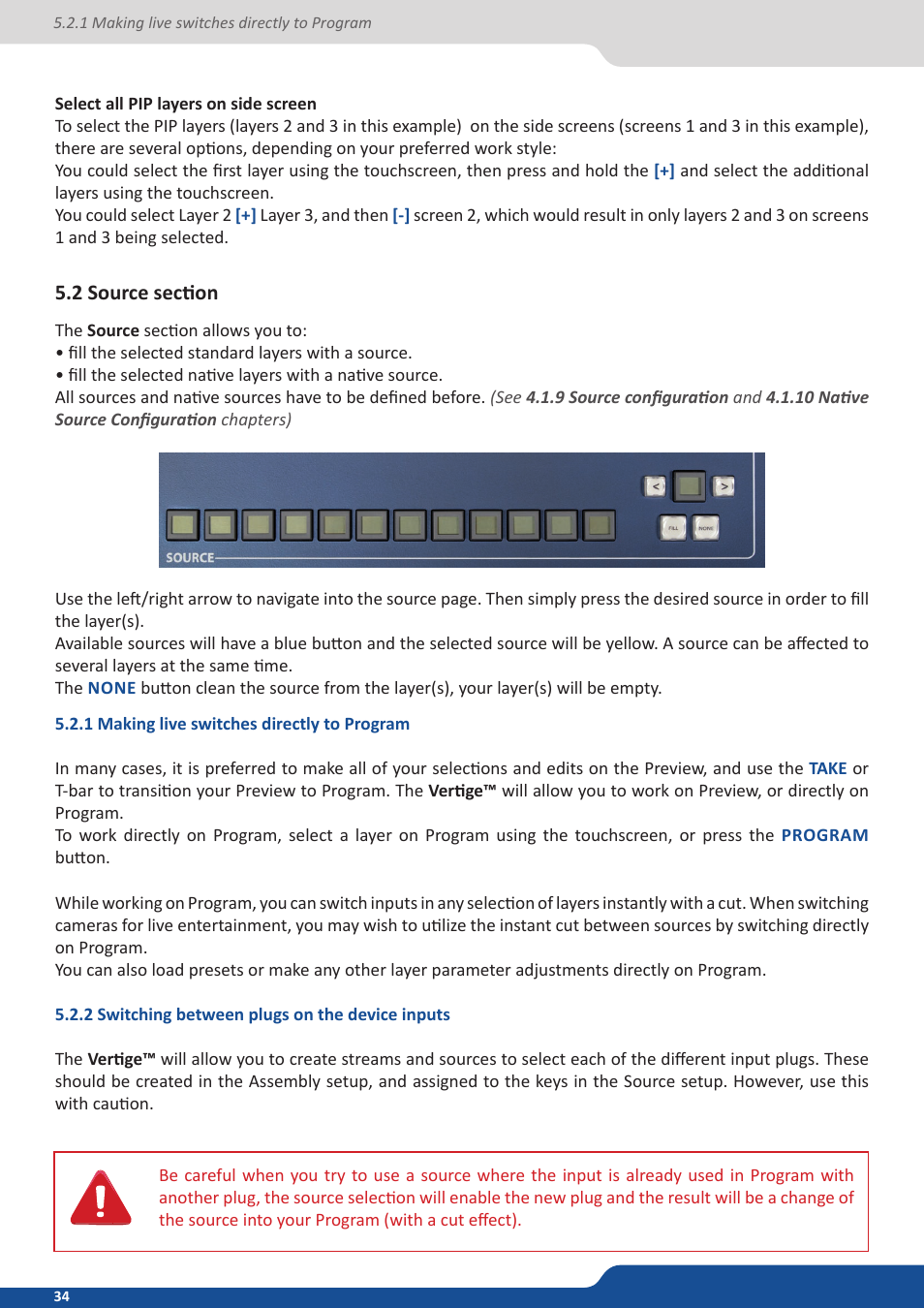 2 source section, 1 making live switches directly to program, 2 switching between plugs on the device inputs | Analog Way VERTIGE - Ref. VRC300 User Manual User Manual | Page 34 / 44
