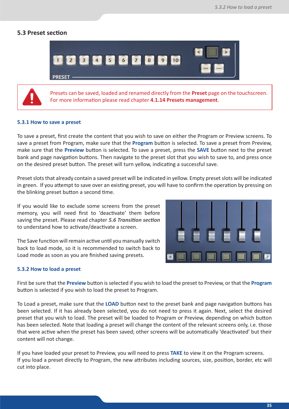 3 preset section, 1 how to save a preset, 2 how to load a preset | Analog Way VERTIGE - Ref. VRC300 User Manual User Manual | Page 35 / 44