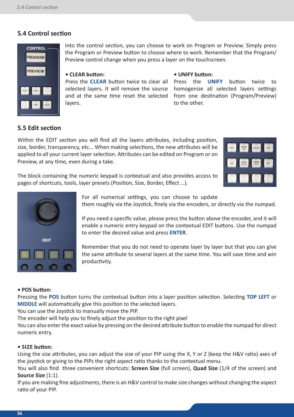 4 control section, 5 edit section | Analog Way VERTIGE - Ref. VRC300 User Manual User Manual | Page 36 / 44