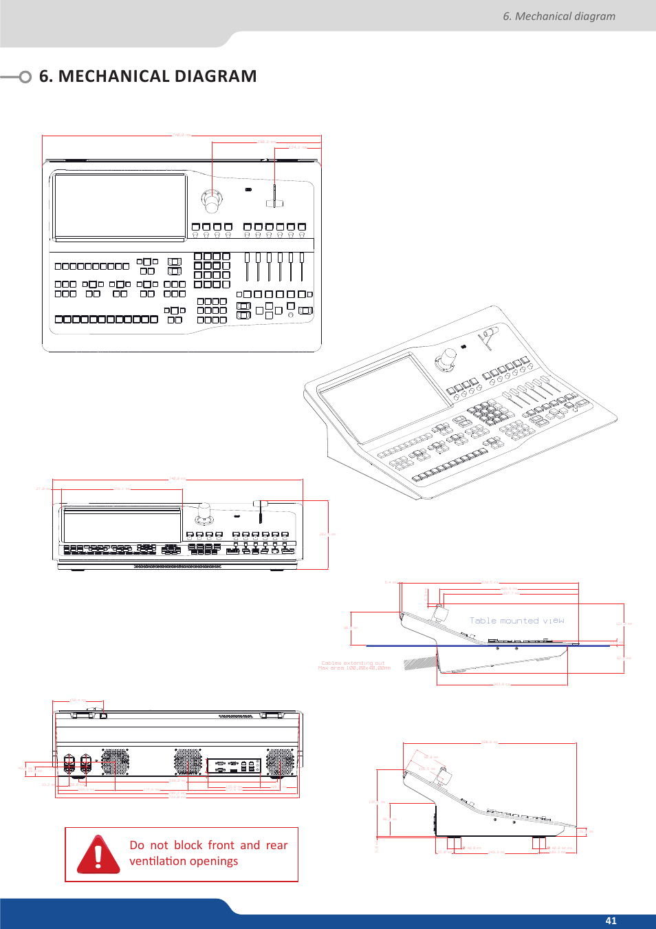 Mechanical diagram, Weight : 15 kg, Do not block front and rear ventilation openings | Table mounted view | Analog Way VERTIGE - Ref. VRC300 User Manual User Manual | Page 41 / 44