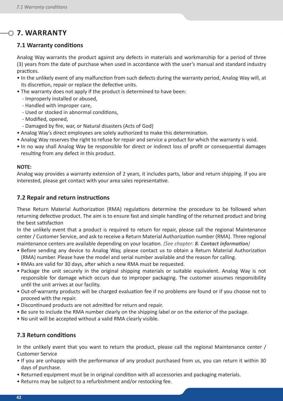 Warranty, 1 warranty conditions, 2 repair and return instructions | 3 return conditions | Analog Way VERTIGE - Ref. VRC300 User Manual User Manual | Page 42 / 44