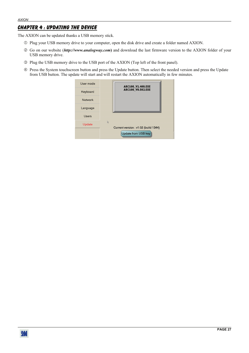 Chapter 4 : updating the device | Analog Way Axion - ARC100 User Manual | Page 27 / 29