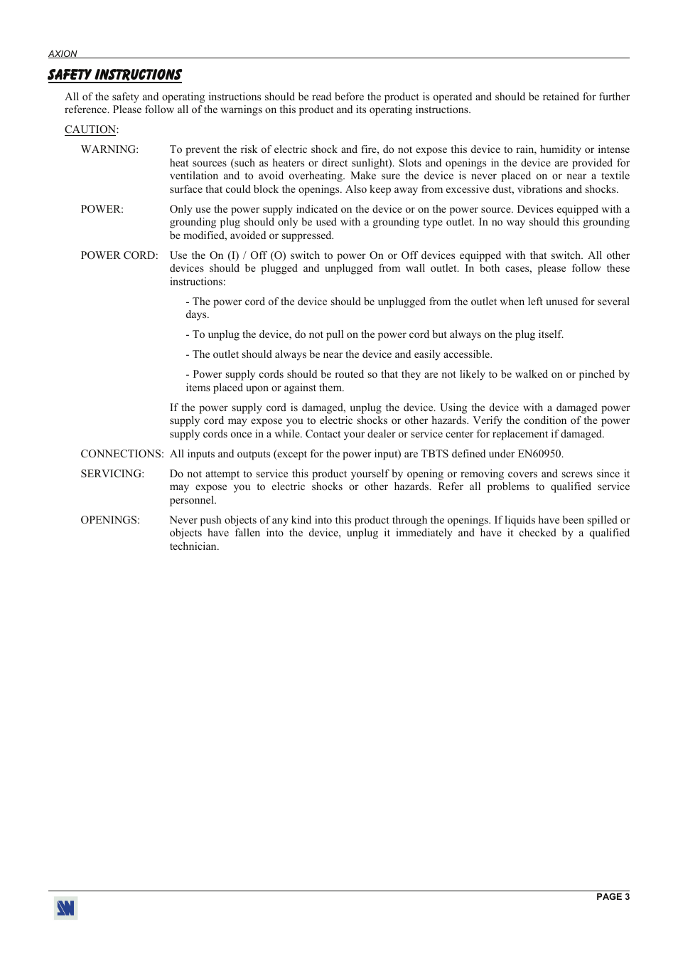 Safety instructions | Analog Way Axion - ARC100 User Manual | Page 3 / 29