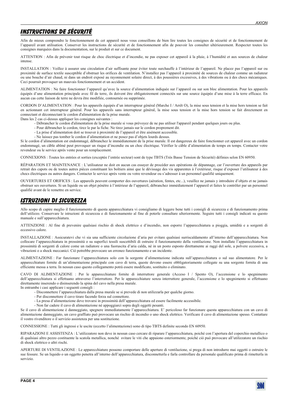 Instructions de sécurité, Istruzioni di sicurezza | Analog Way Axion - ARC100 User Manual | Page 4 / 29
