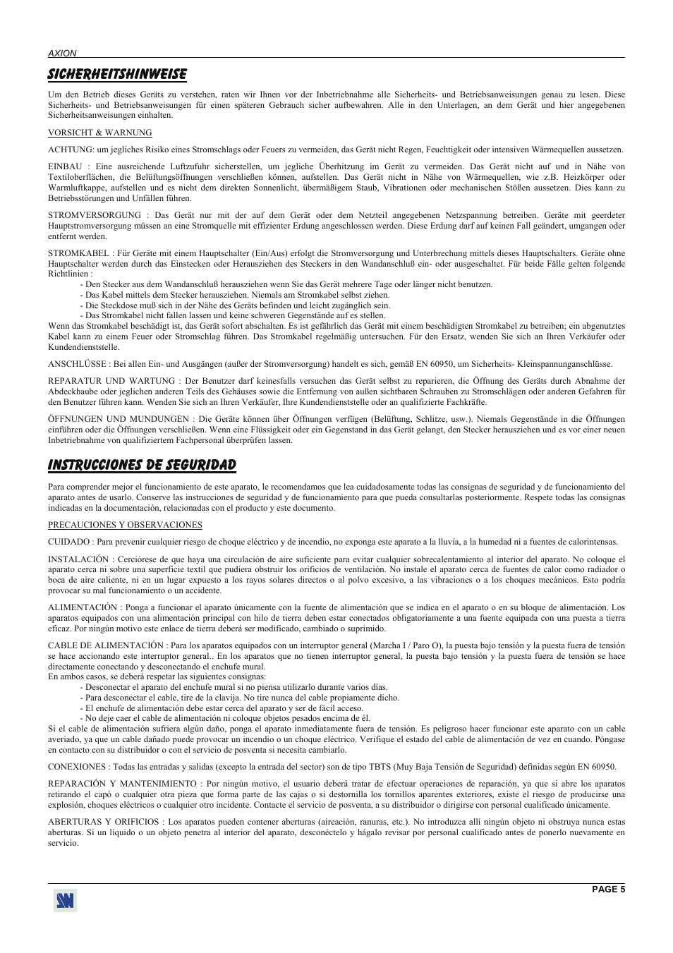 Sicherheitshinweise, Instrucciones de seguridad | Analog Way Axion - ARC100 User Manual | Page 5 / 29