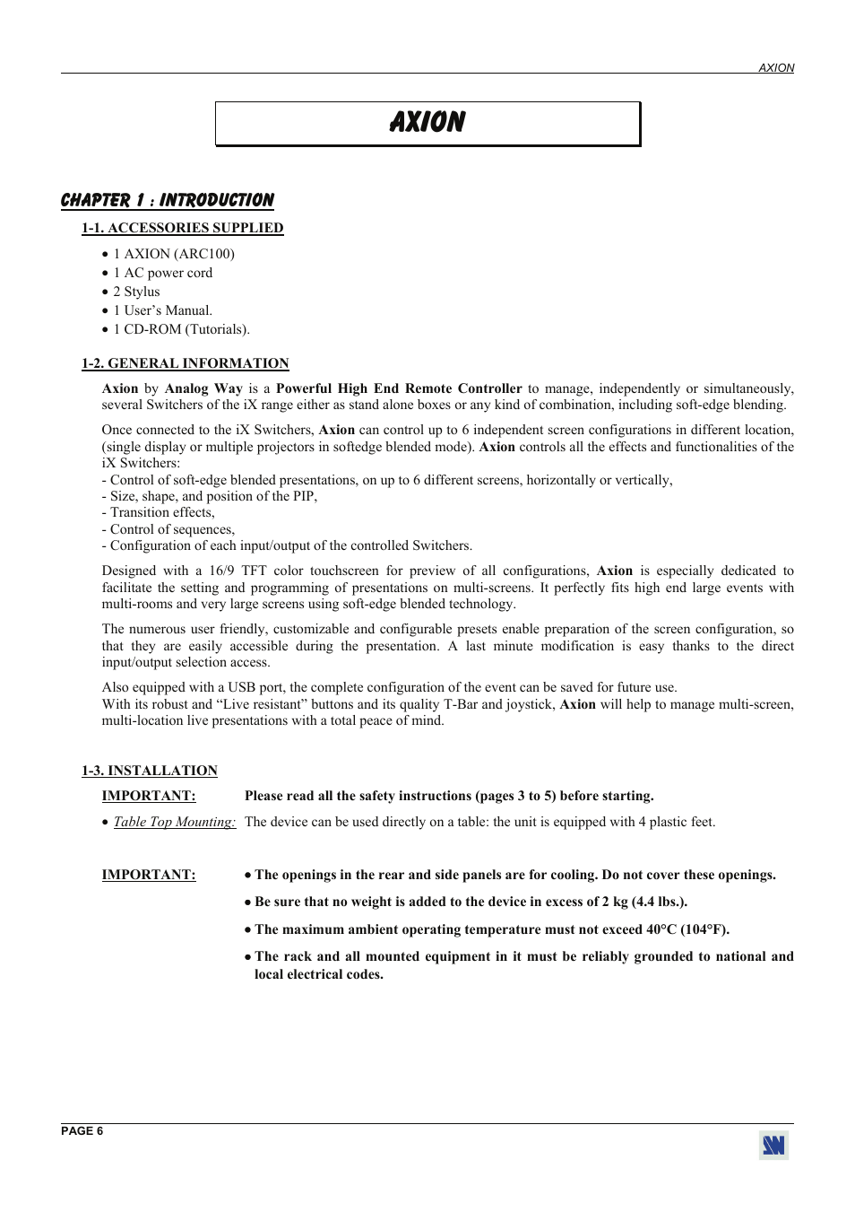 Axion, Chapter 1 : introduction | Analog Way Axion - ARC100 User Manual | Page 6 / 29