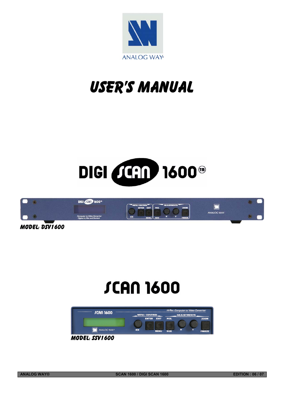 Analog Way Digi Scan 1600 - DSV1600 User Manual | 28 pages