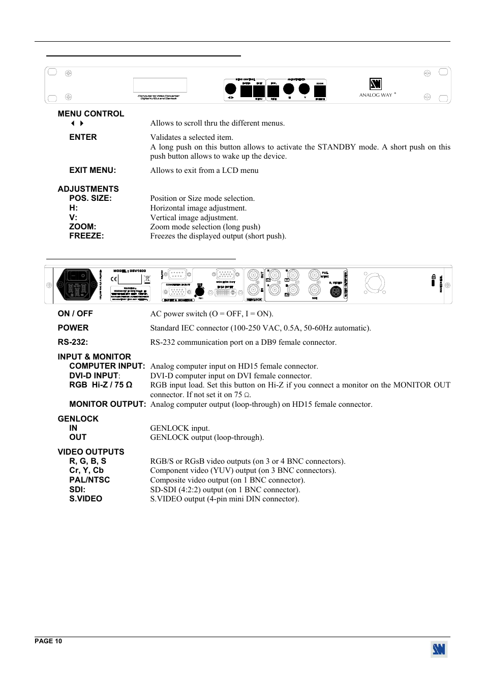 7. digi scan 1600 front panel description, 8. digi scan 1600 rear panel description | Analog Way Digi Scan 1600 - DSV1600 User Manual | Page 10 / 28