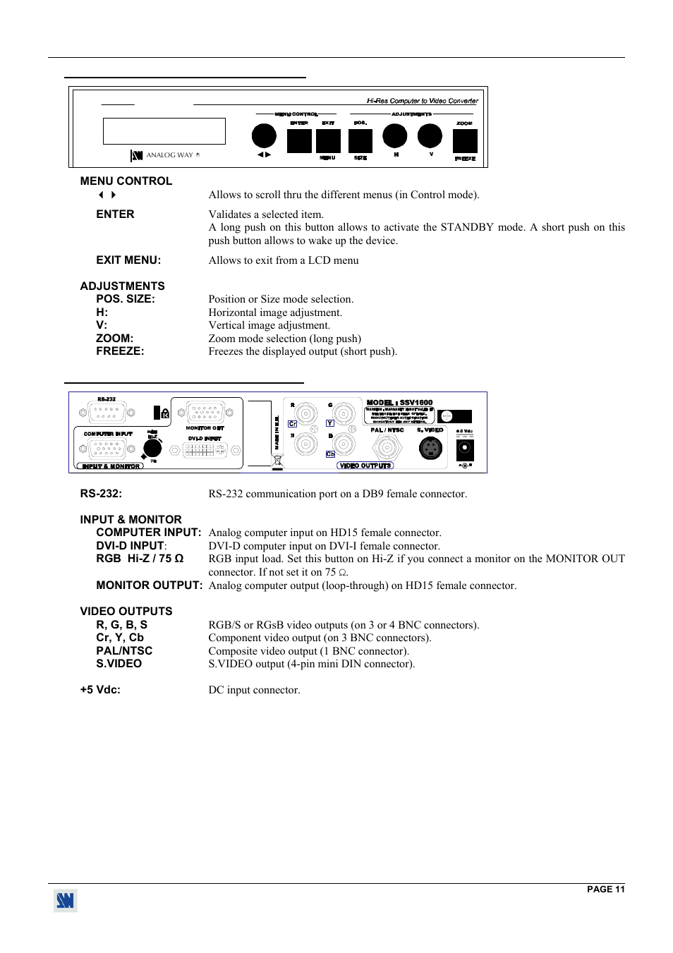 9. scan 1600 front panel description, 10. scan 1600 rear panel description | Analog Way Digi Scan 1600 - DSV1600 User Manual | Page 11 / 28