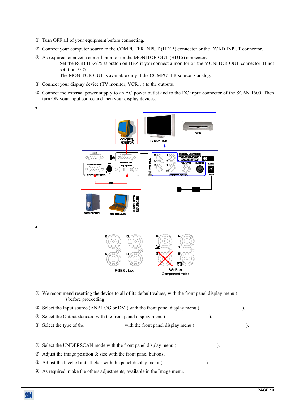 2. scan 1600 connections, 3. settings, 4. image adjustments | Analog Way Digi Scan 1600 - DSV1600 User Manual | Page 13 / 28