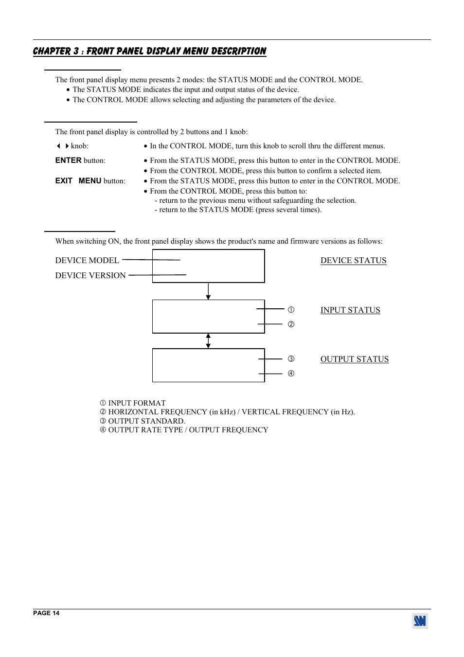 Chapter 3 : front panel display menu description, 1. introduction, 2. control buttons | 3. status mode | Analog Way Digi Scan 1600 - DSV1600 User Manual | Page 14 / 28