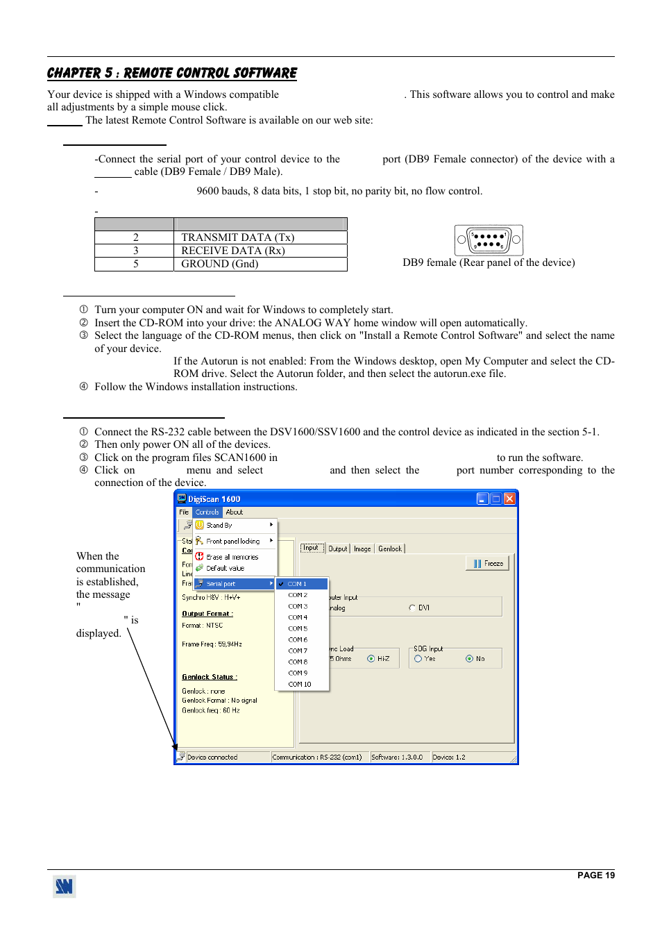 Chapter 5 : remote control software, 1. connections, 2. software installation | 3. communication setup | Analog Way Digi Scan 1600 - DSV1600 User Manual | Page 19 / 28