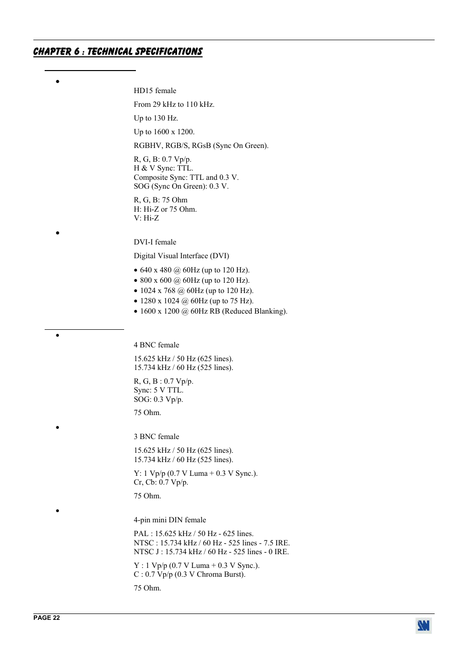 Chapter 6 : technical specifications, 1. computer inputs, 2. video outputs | Analog Way Digi Scan 1600 - DSV1600 User Manual | Page 22 / 28