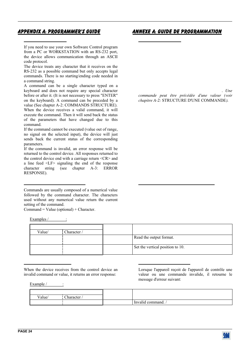 Appendix a: programmer's guide, Annexe a: guide de programmation | Analog Way Digi Scan 1600 - DSV1600 User Manual | Page 24 / 28