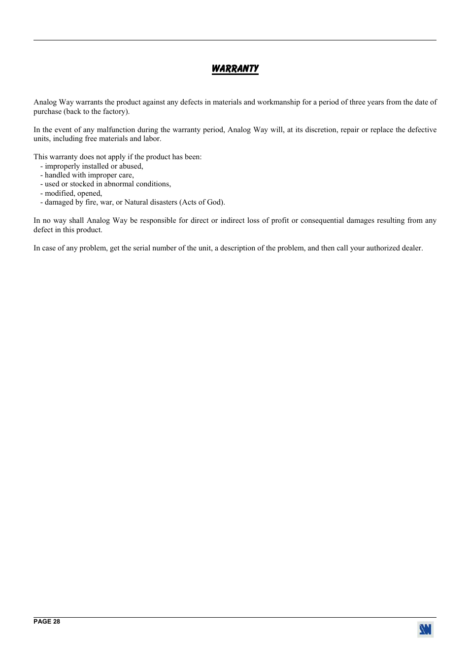 Warranty | Analog Way Digi Scan 1600 - DSV1600 User Manual | Page 28 / 28