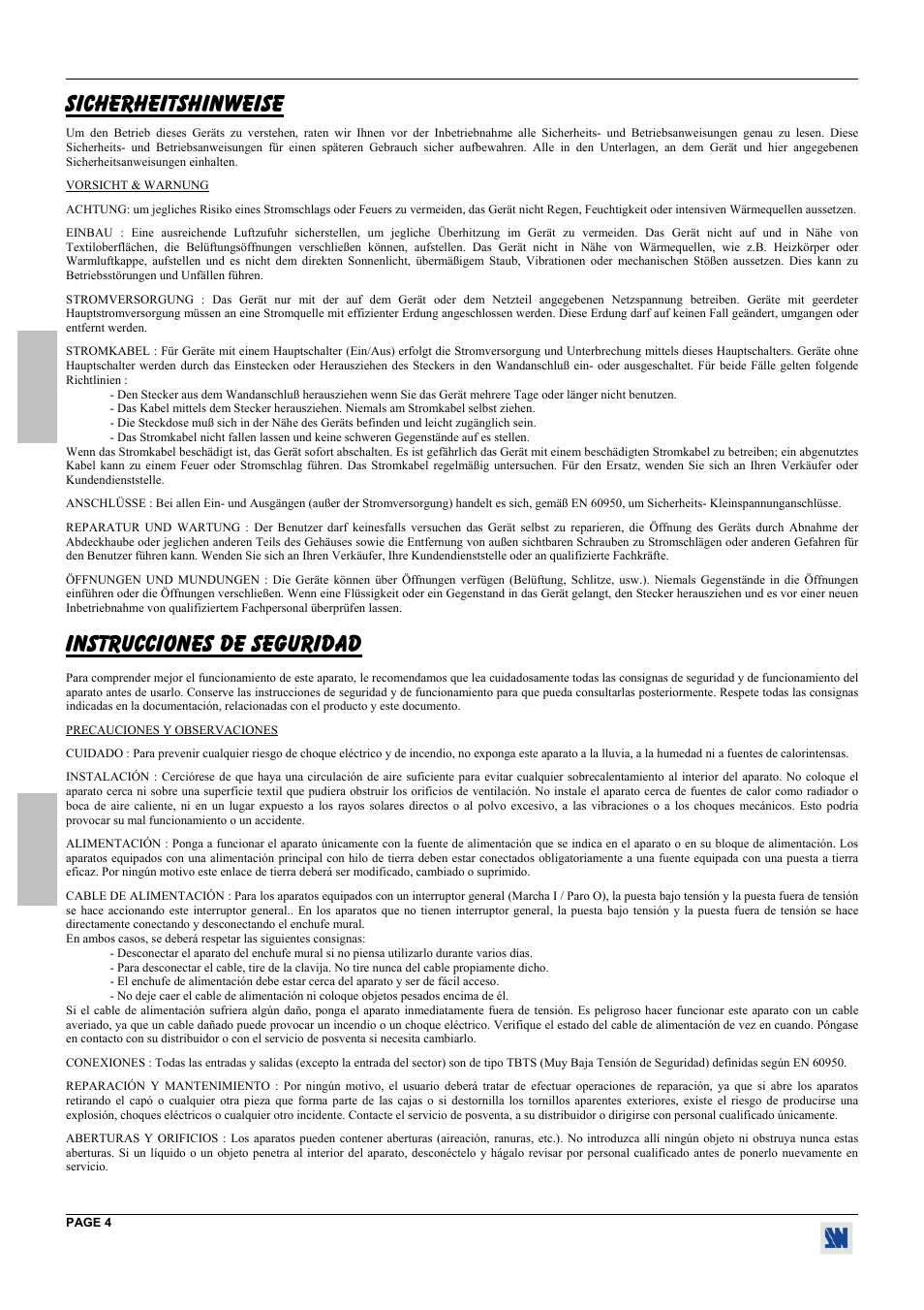 Sicherheitshinweise, Instrucciones de seguridad | Analog Way Digi Scan 1600 - DSV1600 User Manual | Page 4 / 28