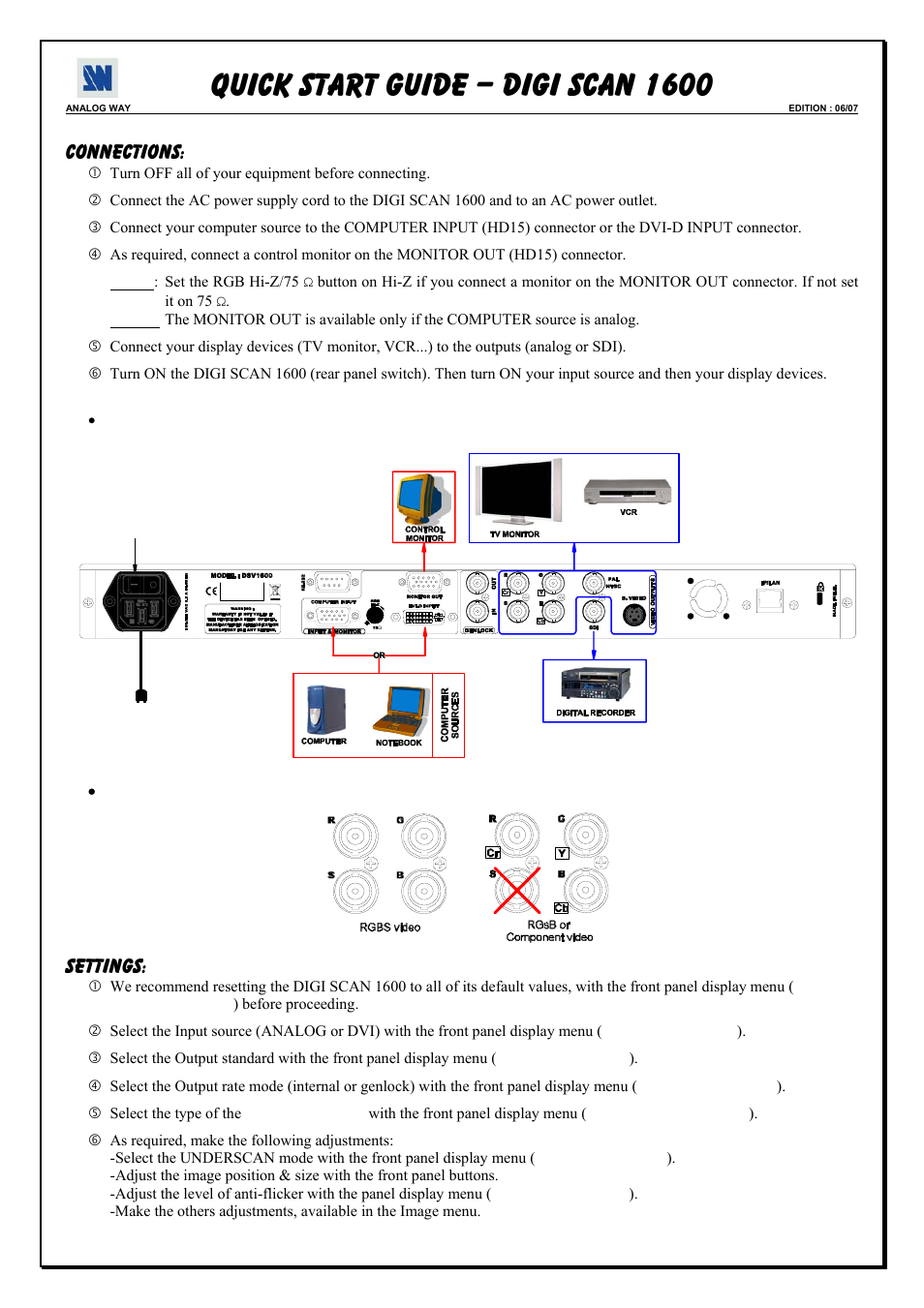 Quick start guide – digi scan 1600, Connections, Settings | Analog Way Digi Scan 1600 - DSV1600 User Manual | Page 6 / 28
