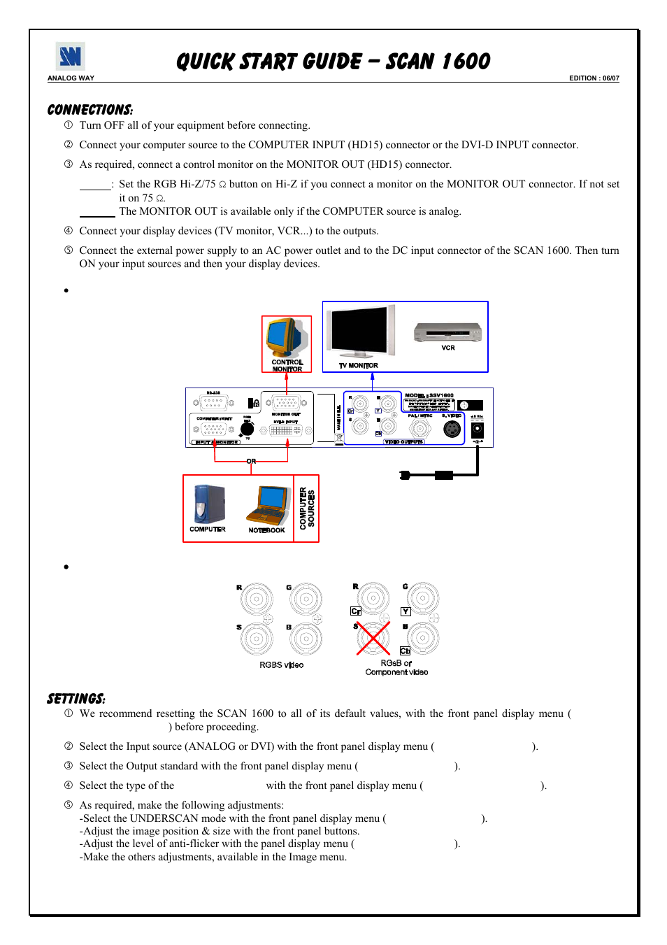 Quick start guide – scan 1600, Connections, Settings | Analog Way Digi Scan 1600 - DSV1600 User Manual | Page 7 / 28