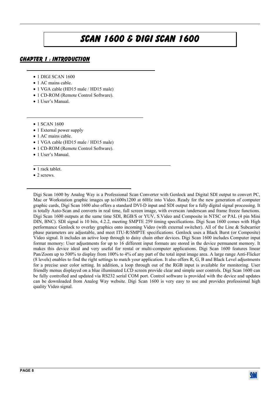 Chapter 1 : introduction, 1. accessories supplied with the digi scan 1600, 2. accessories supplied with the scan 1600 | 3. digi scan 1600 general information | Analog Way Digi Scan 1600 - DSV1600 User Manual | Page 8 / 28